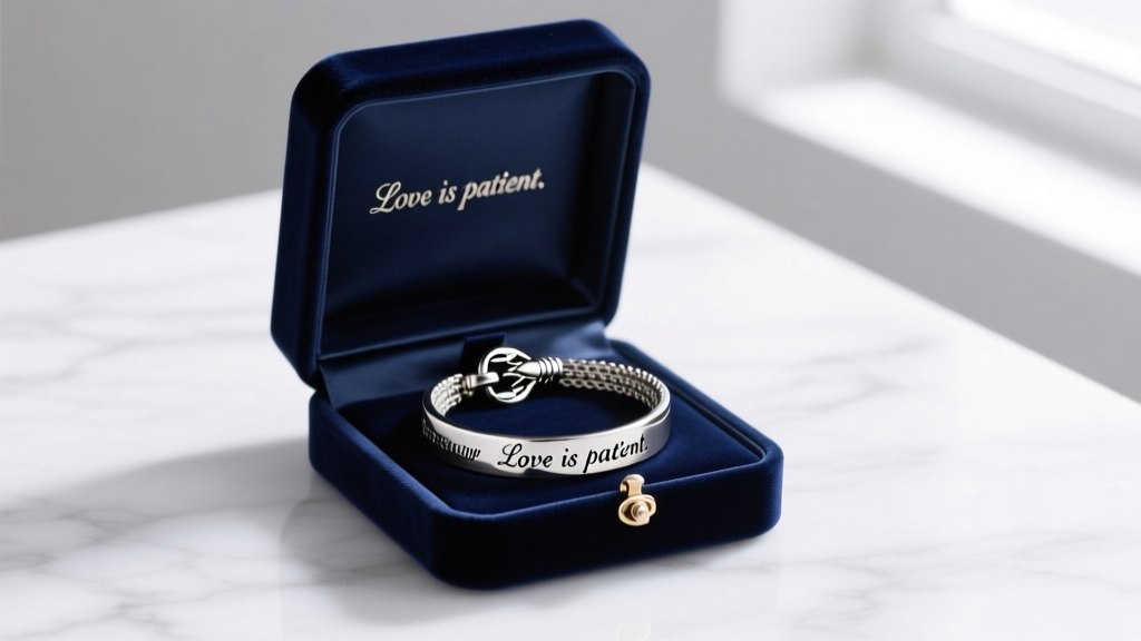 Anti-tarnish velvet jewelry box holding a neatly coiled stainless steel bible verse necklace with a secure lobster clasp fastened.