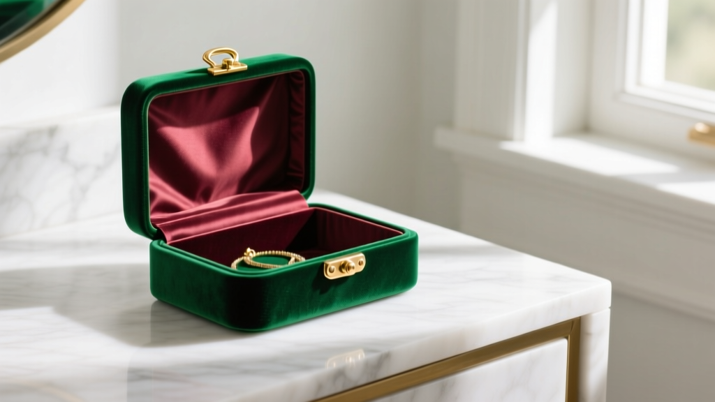 A beautifully styled Anthropologie velvet jewelry box in emerald green with brass hardware, sitting on a white marble vanity