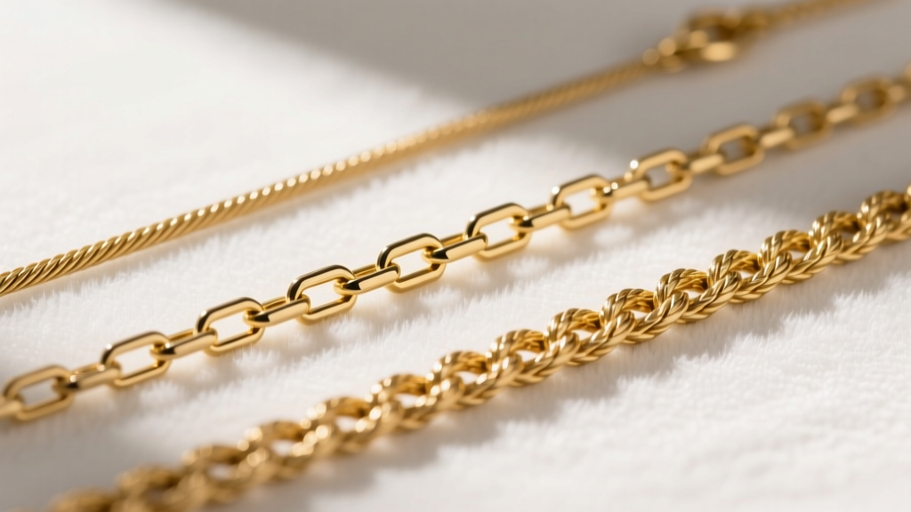 Three gold chains on white velvet: an 0.8mm cable, a 1.5mm box, and a 2.0mm rope chain laid flat for detailed macro comparison.
