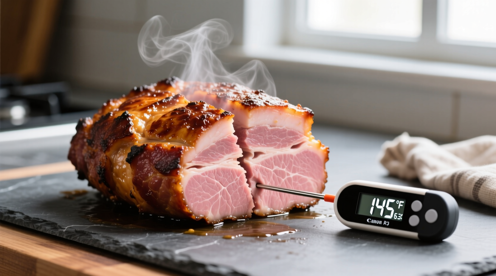 Perfectly cooked butt ham with internal temperature reading