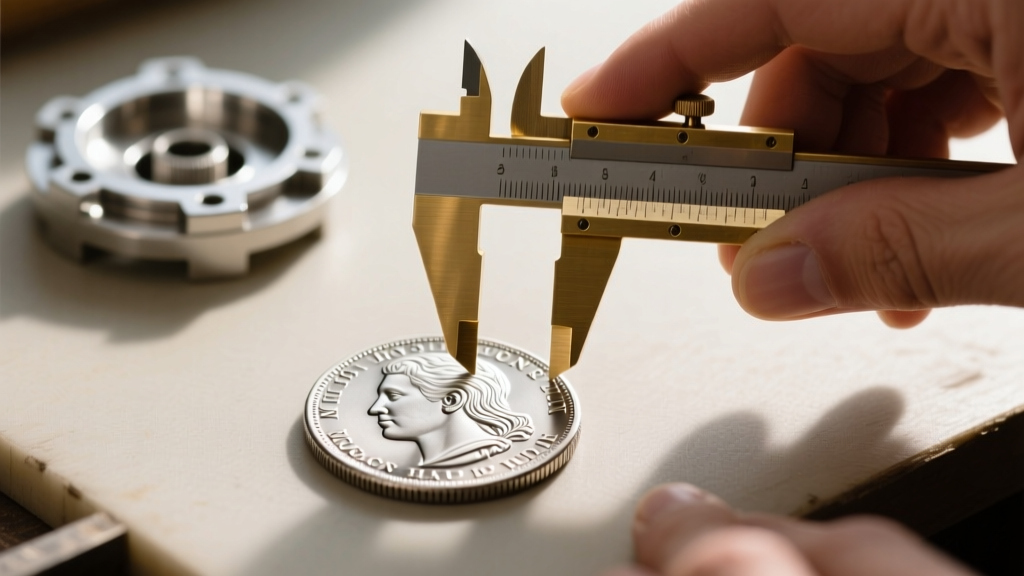 Macro shot of a jeweler using brass calipers to measure a silver Morgan dollar before placing it into a tension bezel mount
