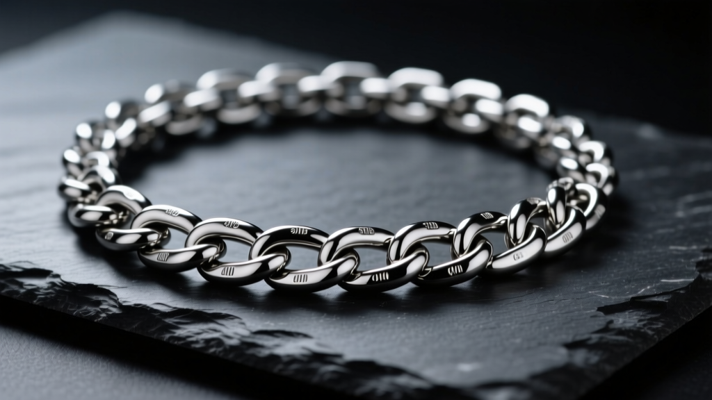 Thick 316L stainless steel industrial Cuban chain necklace on dark slate under moody studio lighting, macro photography.