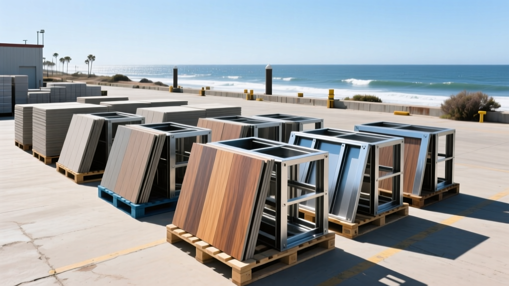 Pallets of premium fiber cement siding and corrosion-resistant steel framing staged at a coastal Oxnard California supply yard
