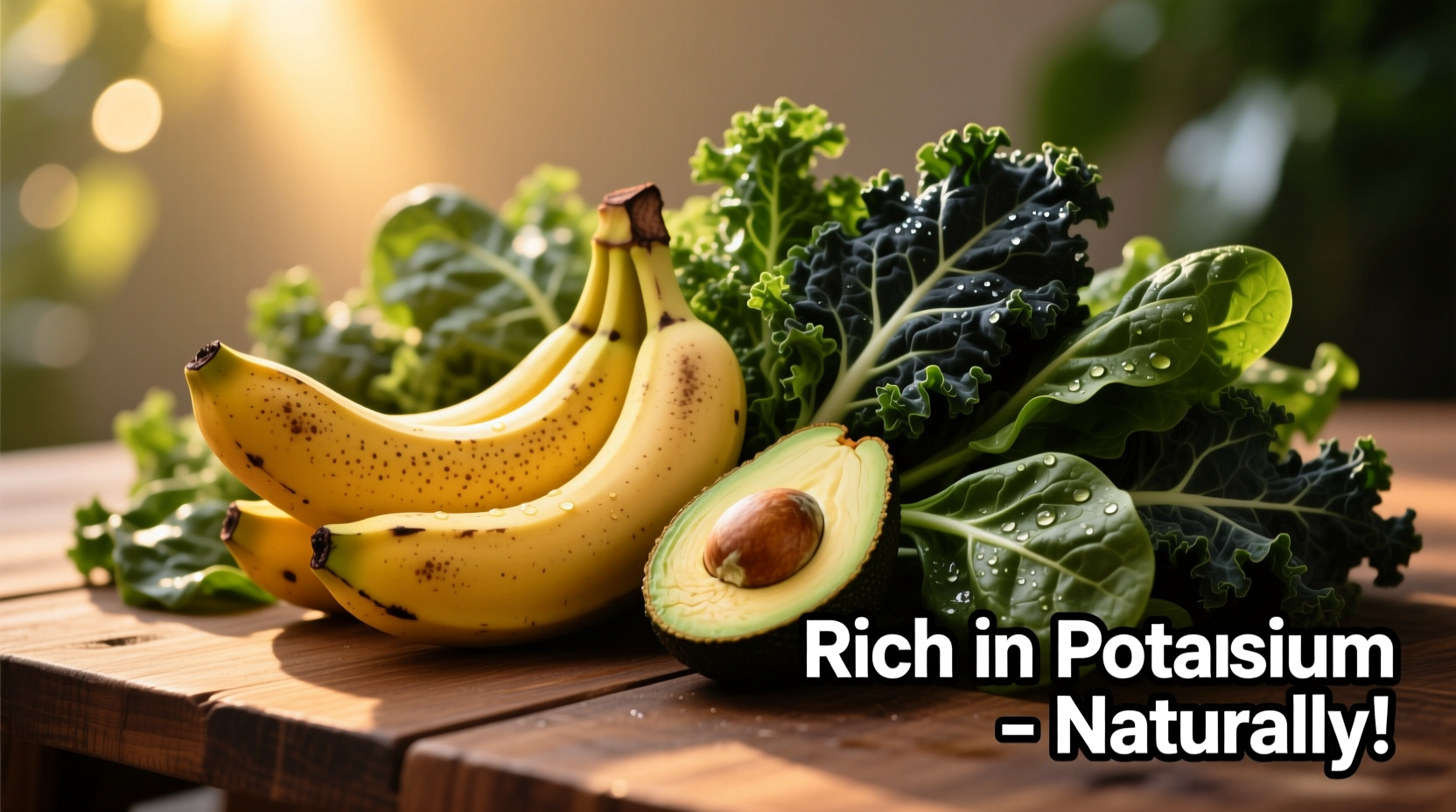 Colorful display of potassium-rich foods including bananas, avocados and leafy greens