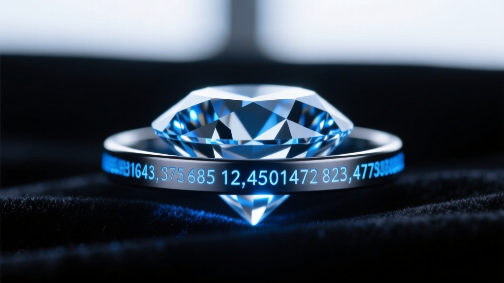 Macro view of a laser-inscribed diamond girdle showing ethical certification numbers under blue UV light on dark velvet backdrop