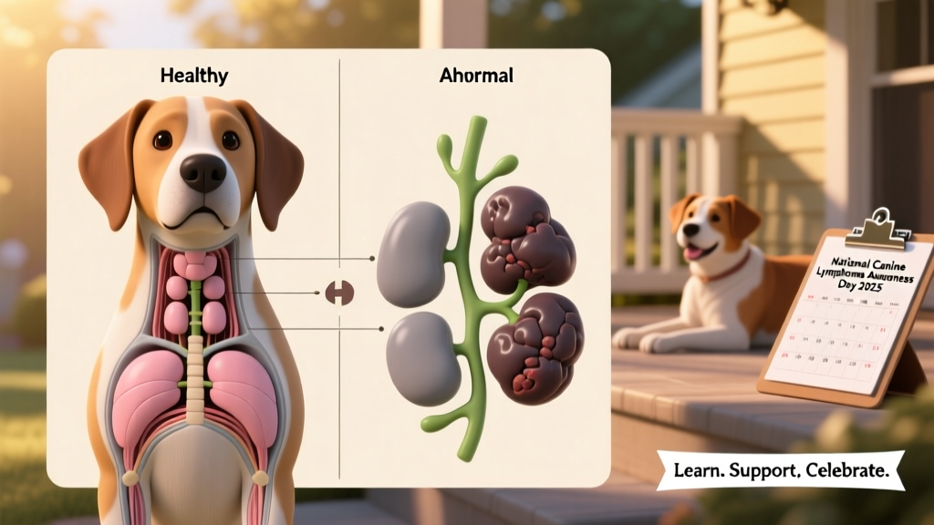 Illustrated diagram showing healthy vs. abnormal lymph nodes in a dog’s neck and armpit areas