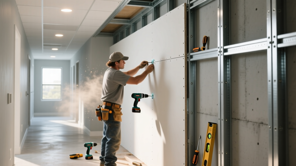 Commercial contractor installing 5/8-inch Type X fire-rated gypsum ceiling board on steel furring channels in a multi-family corridor