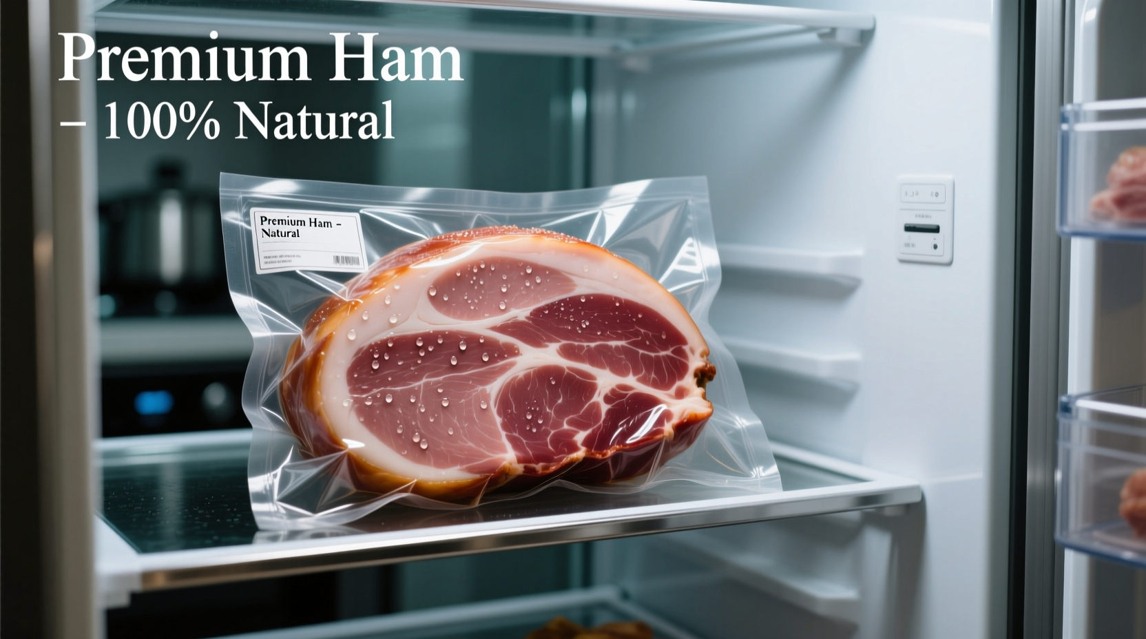 Properly packaged cooked ham in refrigerator