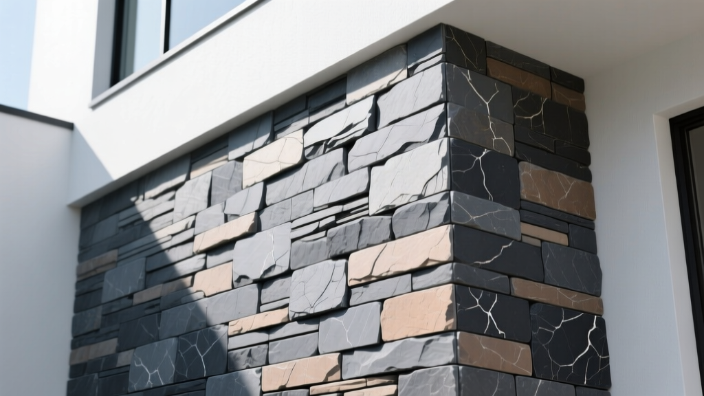 Interlocking drystack stone veneer panels in slate gray tones fitted tightly without mortar on a modern exterior accent wall.