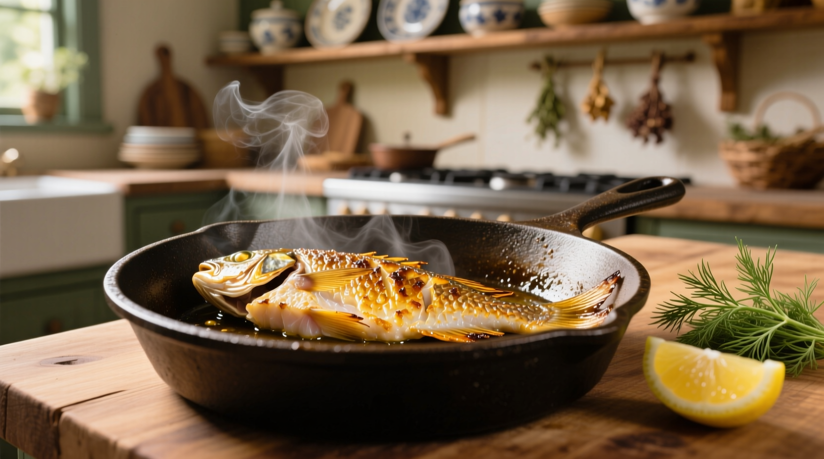 Golden tilapia fillets in cast iron skillet