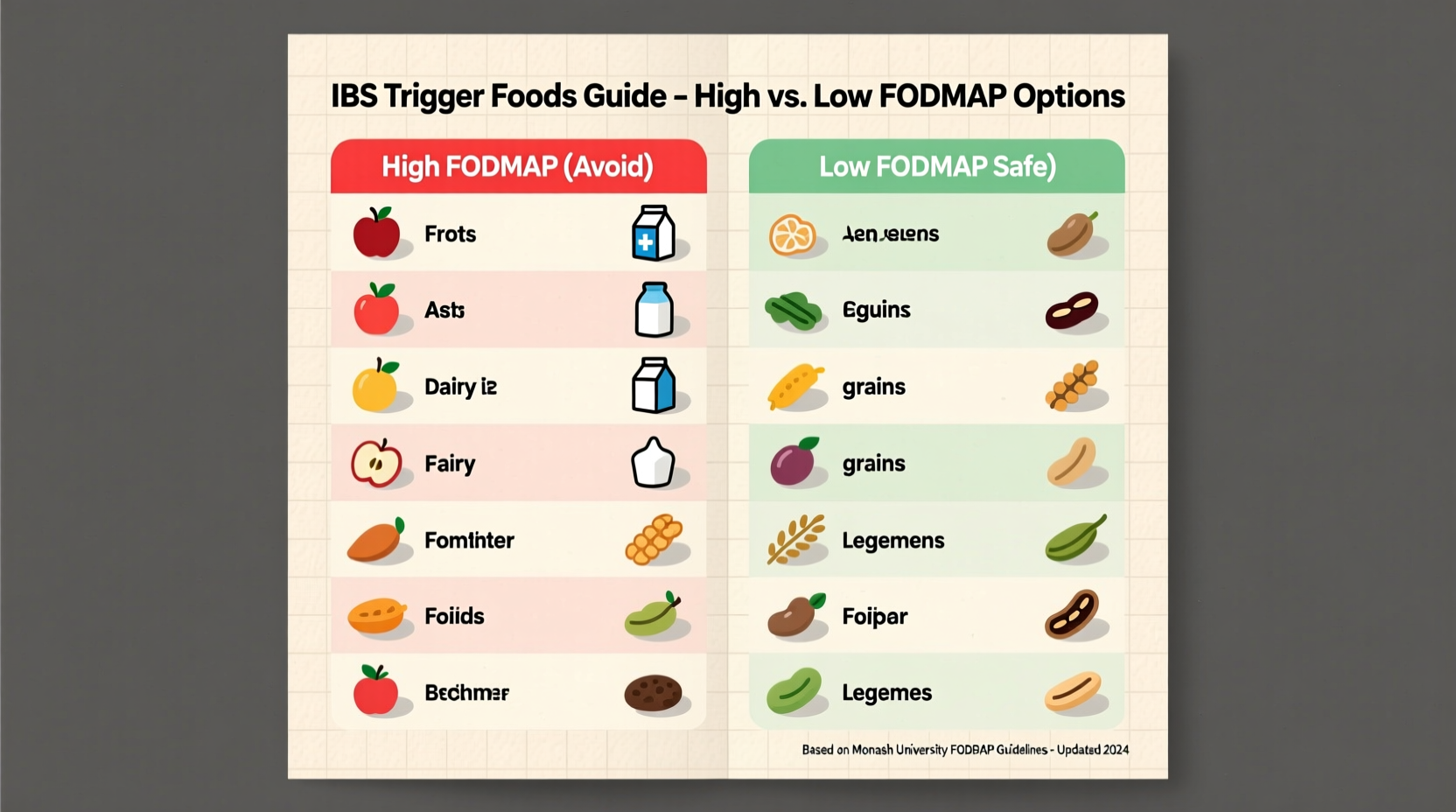IBS trigger foods chart showing high and low FODMAP options