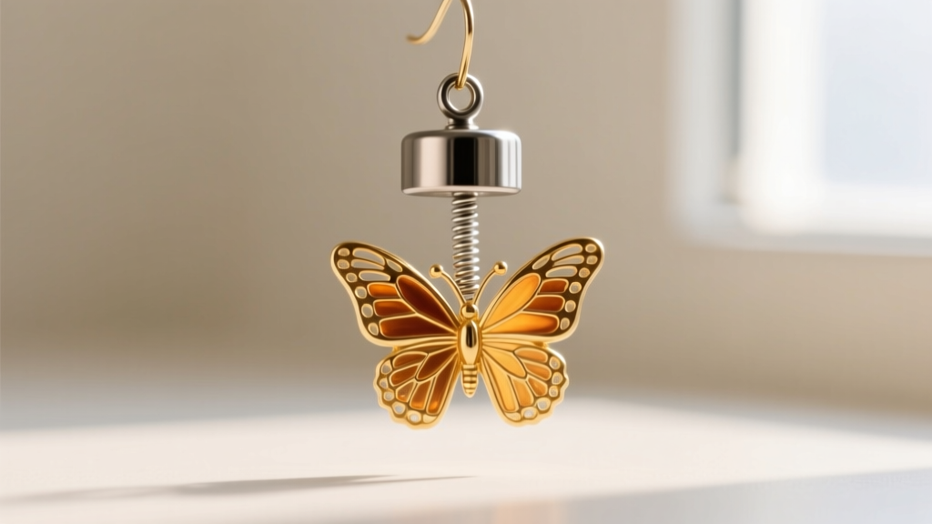 A small neodymium magnet hovering over gold butterfly earring backs, demonstrating magnetic attraction to the internal steel spring