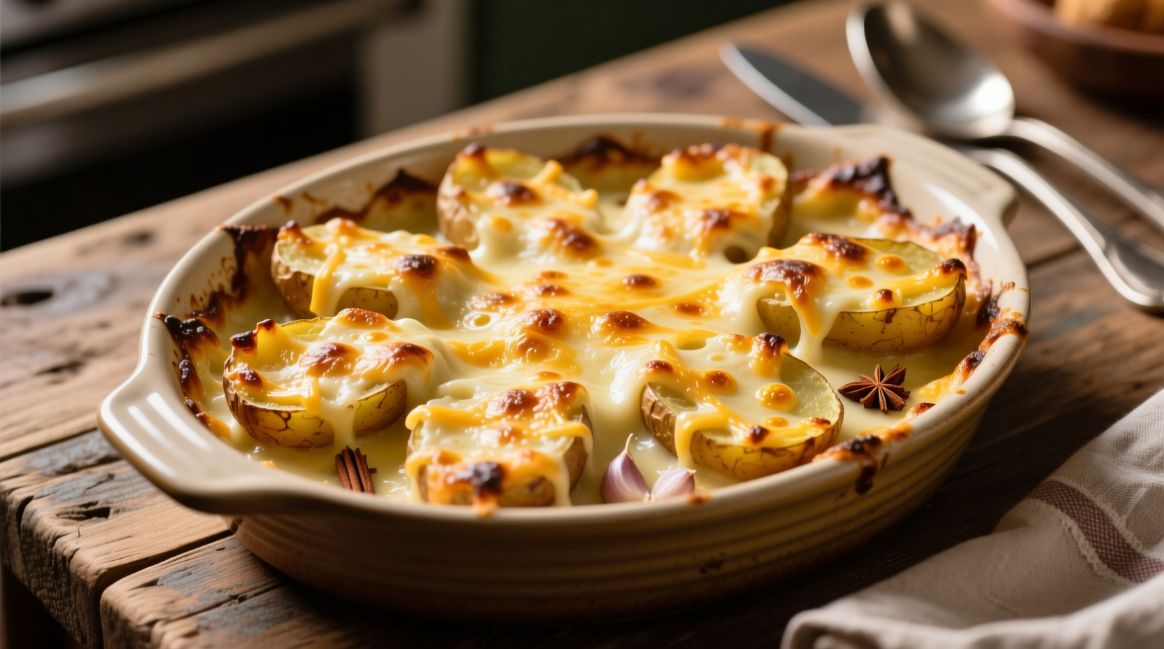 Golden baked scalloped potatoes with crispy cheese topping