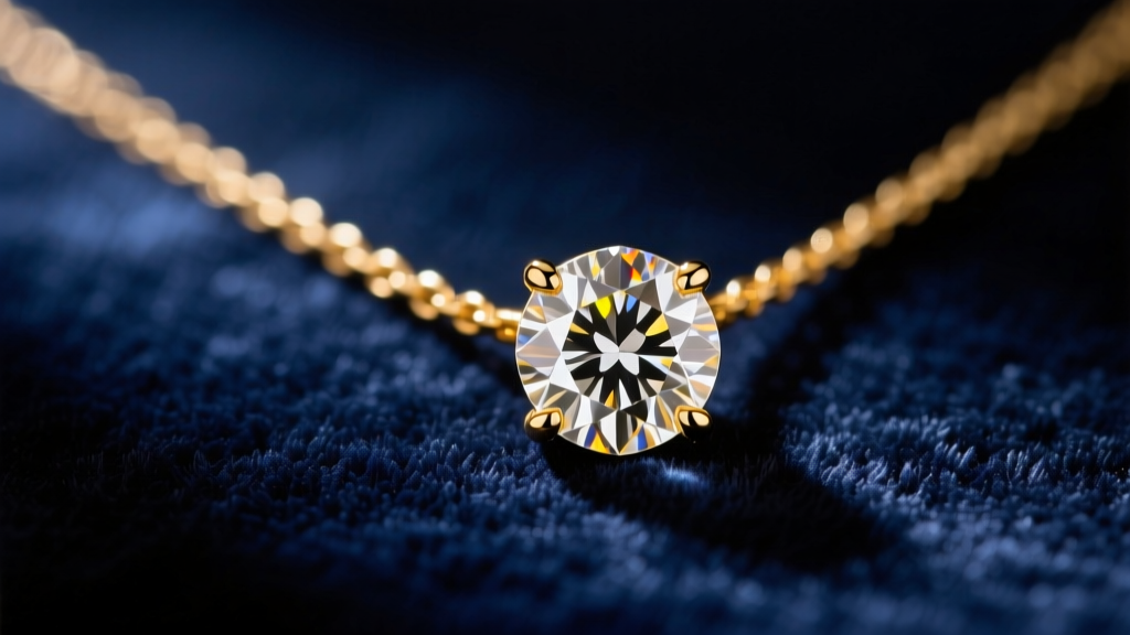 Close-up of an elegant 18k yellow gold solitaire diamond pendant necklace resting on dark navy velvet, softly lit from above.