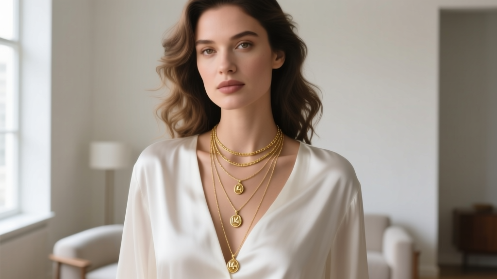 Stylish woman in a white silk blouse wearing layered 14k gold pendant necklaces, soft natural window lighting, elegant and modern.