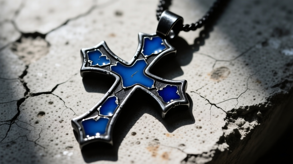 Blackened steel punk cross pendant with chipped dark blue enamel inlay, shot top-down against a textured concrete background