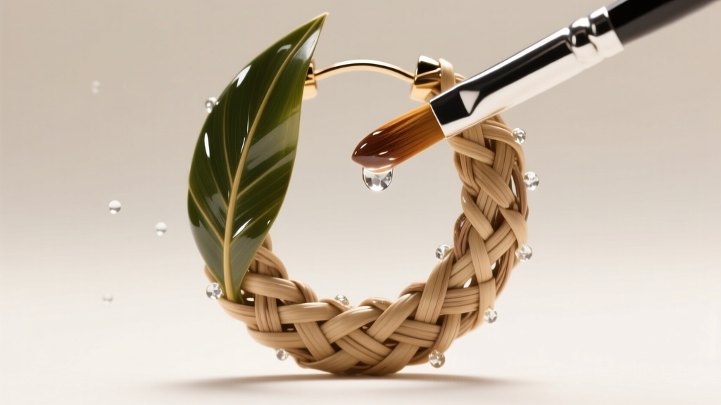 Brush applying glossy polyurethane sealant to a delicate palm-leaf woven straw hoop earring under bright studio lighting.