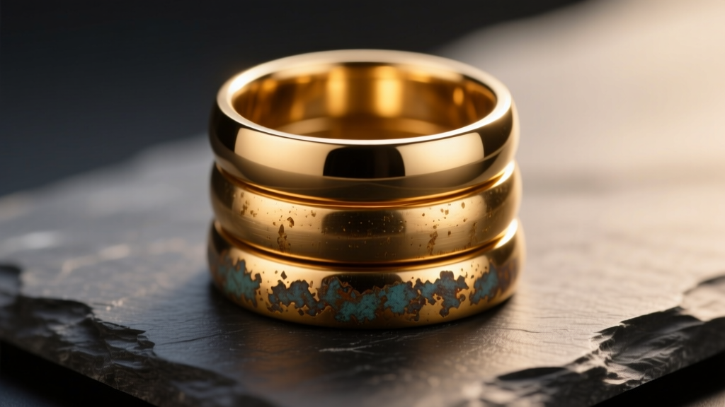 Macro shot of three stacked solid brass rings with varying polish and patina, resting on dark slate under warm studio lighting