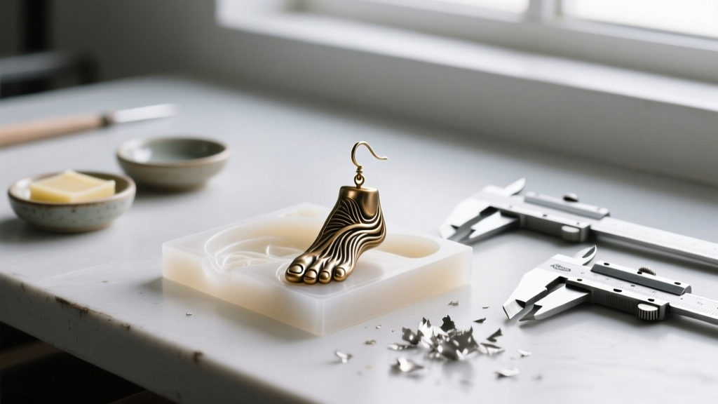 Cast bronze anatomical toenail earring beside a silicone mold on a workbench, surrounded by polishing wax and steel calipers.