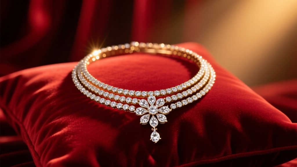 Glamorous multi-strand diamond choker necklace with a floral pendant on red velvet, lit by warm, dramatic stage spotlighting.