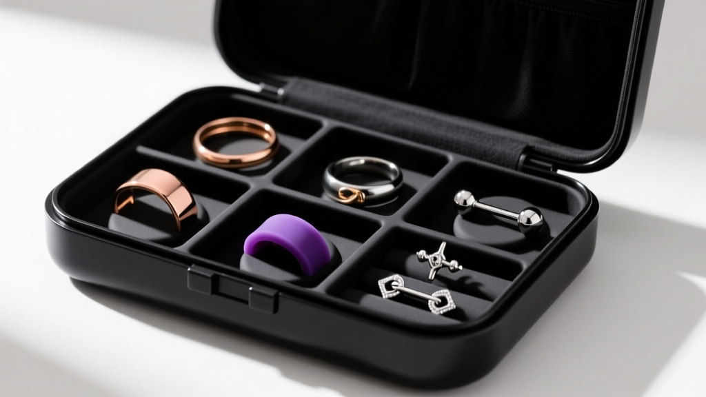 Black polycarbonate travel jewelry case open, showing silicone inserts holding various gauge body jewelry and rings securely inside
