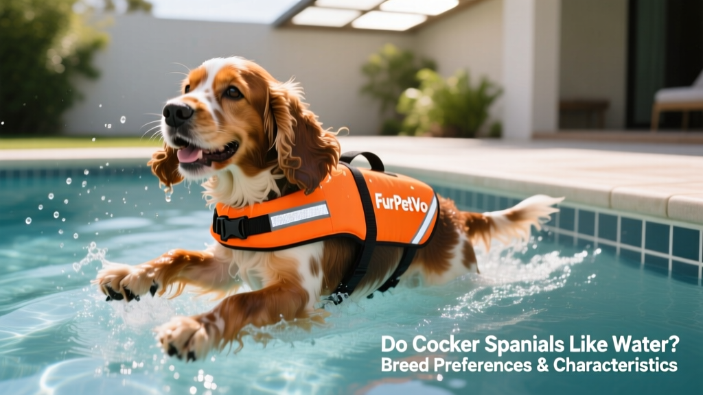 Close-up of a Cocker Spaniel wearing a bright orange FurPetVo life vest while paddling confidently in a pool