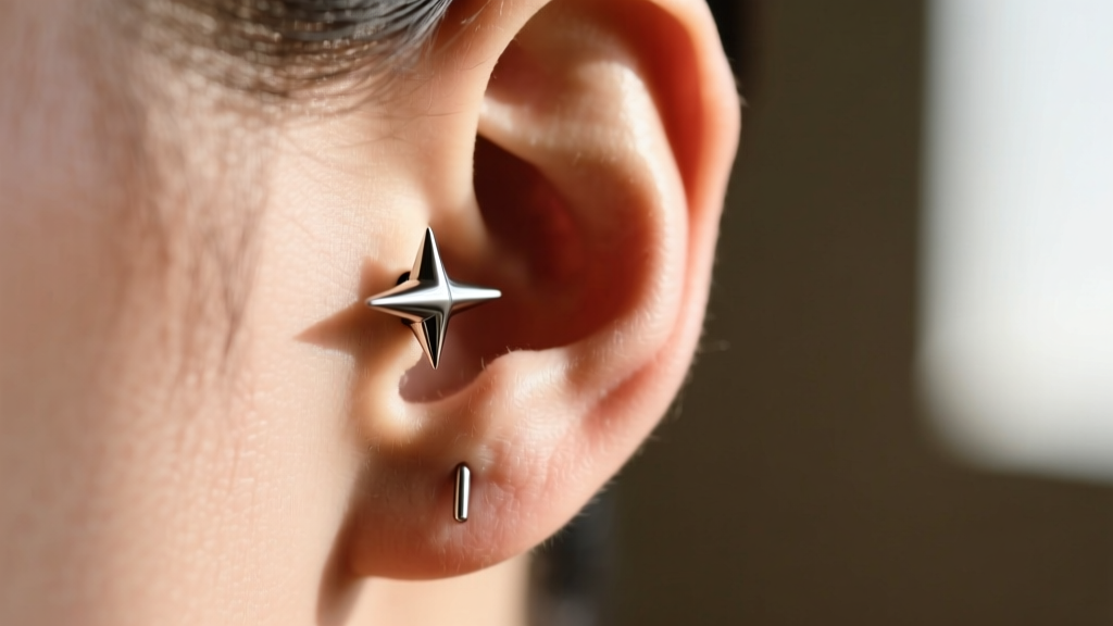 Side profile of a steel spiked earring in an upper lobe piercing, highlighting the physical angle and tension on the fistula