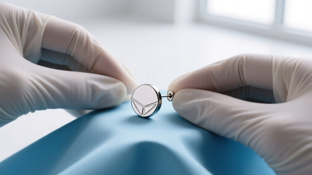 Macro shot of gloved hands holding a 16-gauge threadless titanium flat back earring over a sterile blue drape in a clean studio.