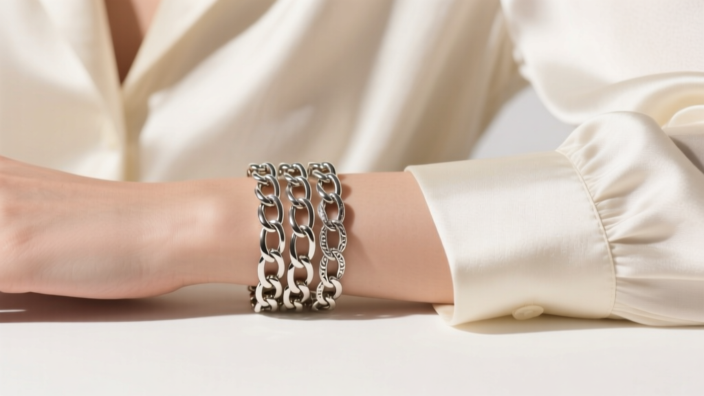 Close-up of a wrist wearing layered silver-plated chain bracelets over a silk blouse, highlighting intricate metal link details