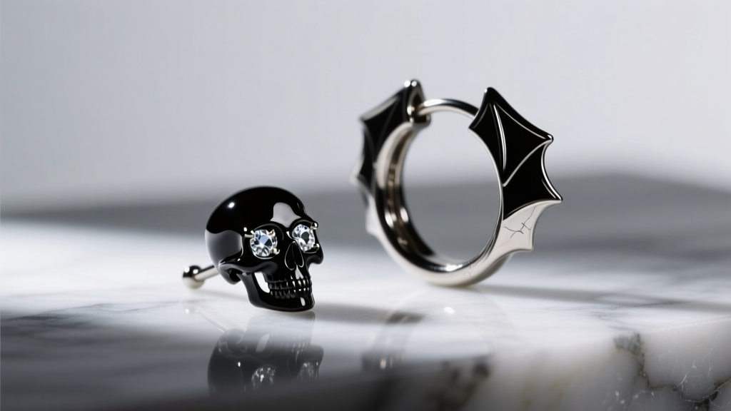 Black diamond skull stud on marble beside a polished bat-wing huggie hoop, illuminated by soft, moody directional spotlighting.