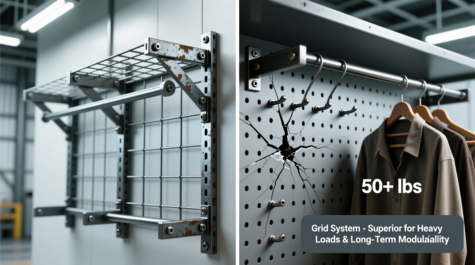 closet wall grid vs pegboard which holds heavy racks