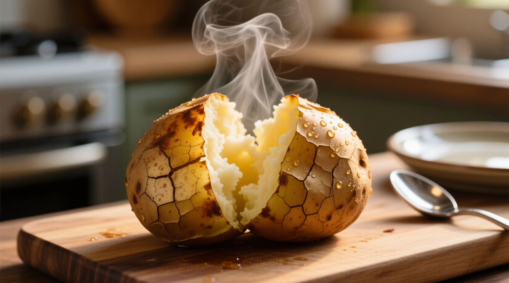 Perfectly cooked microwave baked potato with steam rising