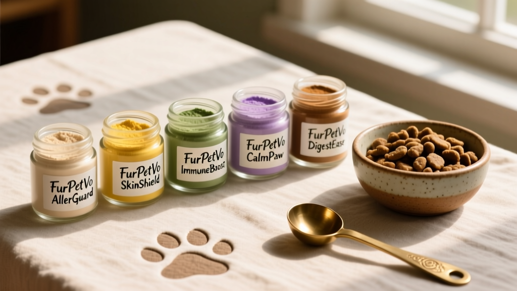 Top-down photo of five small glass jars labeled with FurPetVo supplement names, arranged beside a bowl of kibble and a measuring spoon