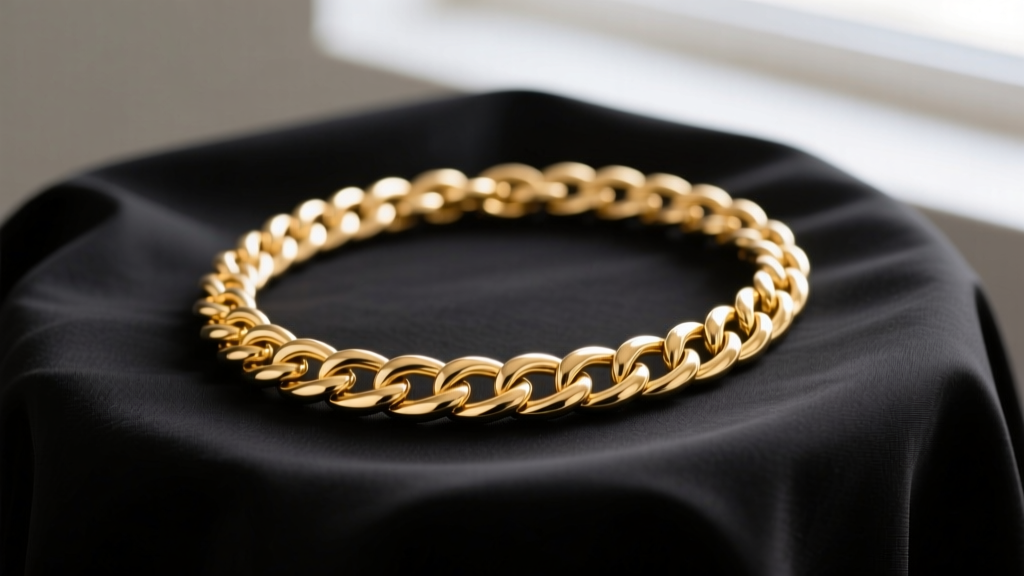 Macro shot of a 14k gold snake chain on a black salon cape, showing smooth links that prevent hair snagging during styling sessions
