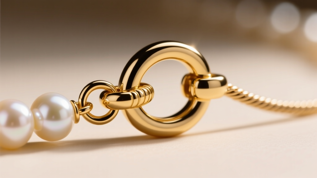 Macro shot of a 14k gold lobster clasp connecting a pearl strand to a cable chain, highlighting the jump ring and polished metal