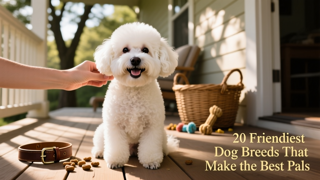 A smiling Bichon Frise sitting calmly while being gently brushed