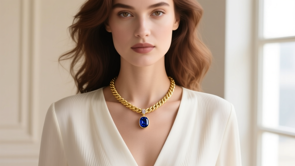 Woman in V-neck blouse wearing an 18-inch gold rope chain with a sapphire pendant resting perfectly at the upper sternum notch.