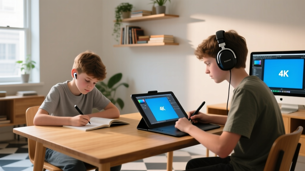 Young teen studying with basic wireless earbuds next to an older teen editing 4K video on a Wacom tablet wearing studio headphones