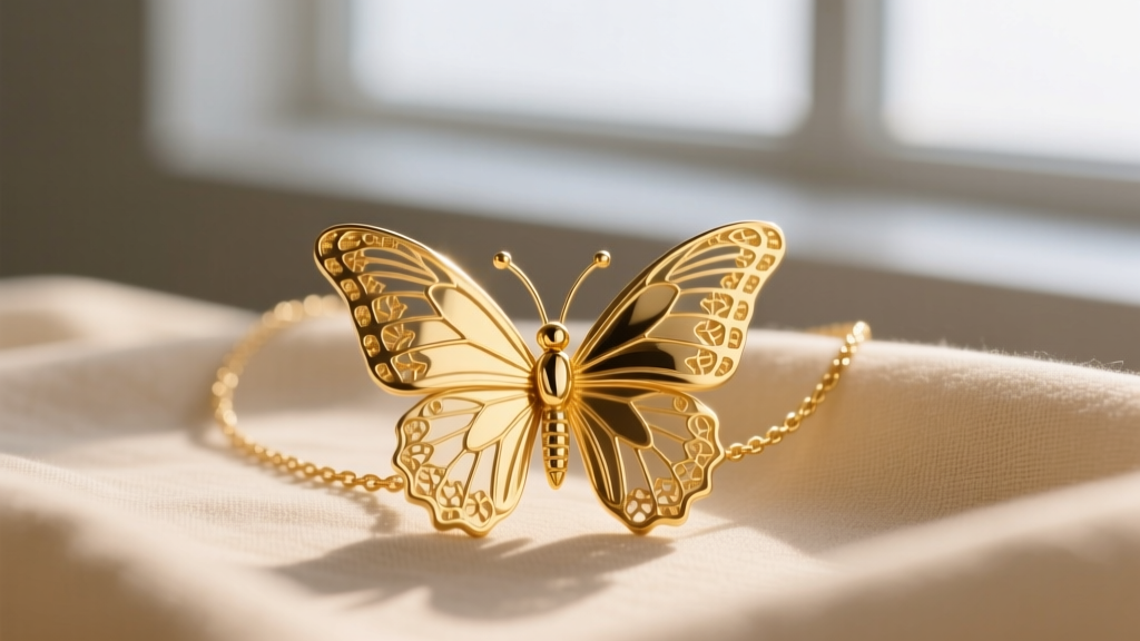 Close-up of a 14k solid gold butterfly necklace on beige linen, showing intricate wing textures and a polished lobster clasp.
