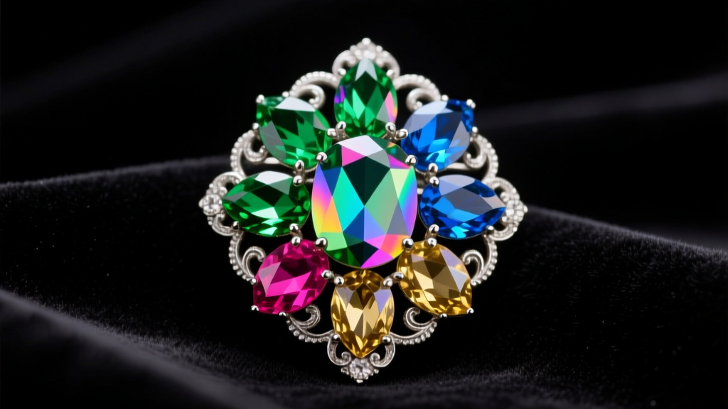 Macro shot of a 1950s vintage aurora borealis rhinestone brooch on dark velvet, displaying vibrant rainbow light refractions.