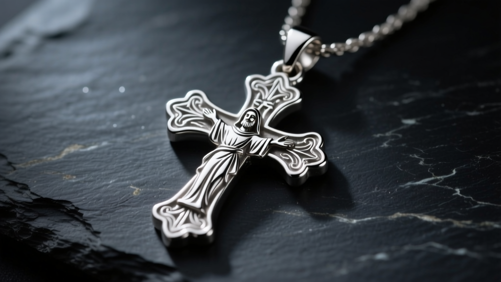 Macro shot of a high-relief sterling silver St Francis pendant with a Tau cross on dark slate under moody studio lighting.