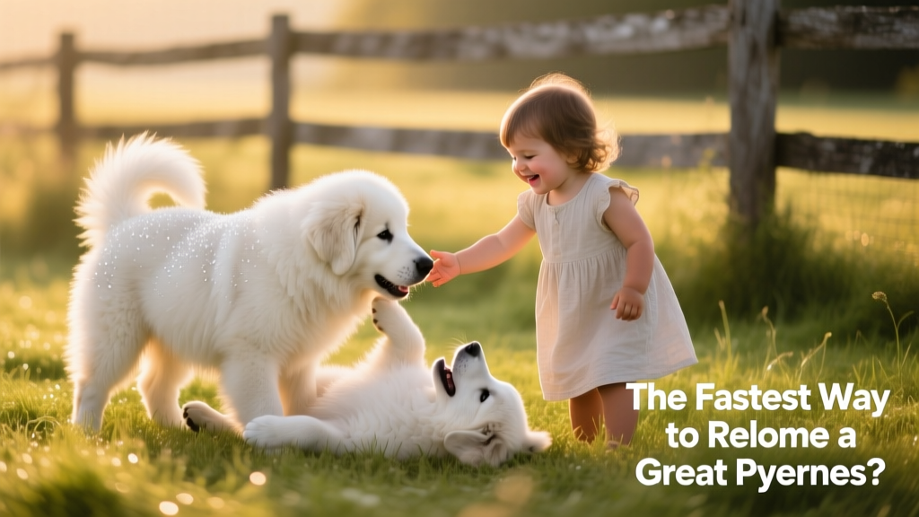 Two Great Pyrenees puppies playing gently with a young child in a grassy field