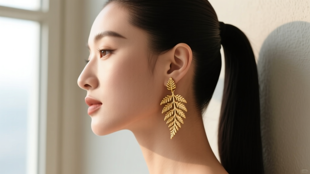 Side profile of a woman wearing delicate 18k gold fern leaf stud earrings, hair swept back to highlight the jawline and earlobe