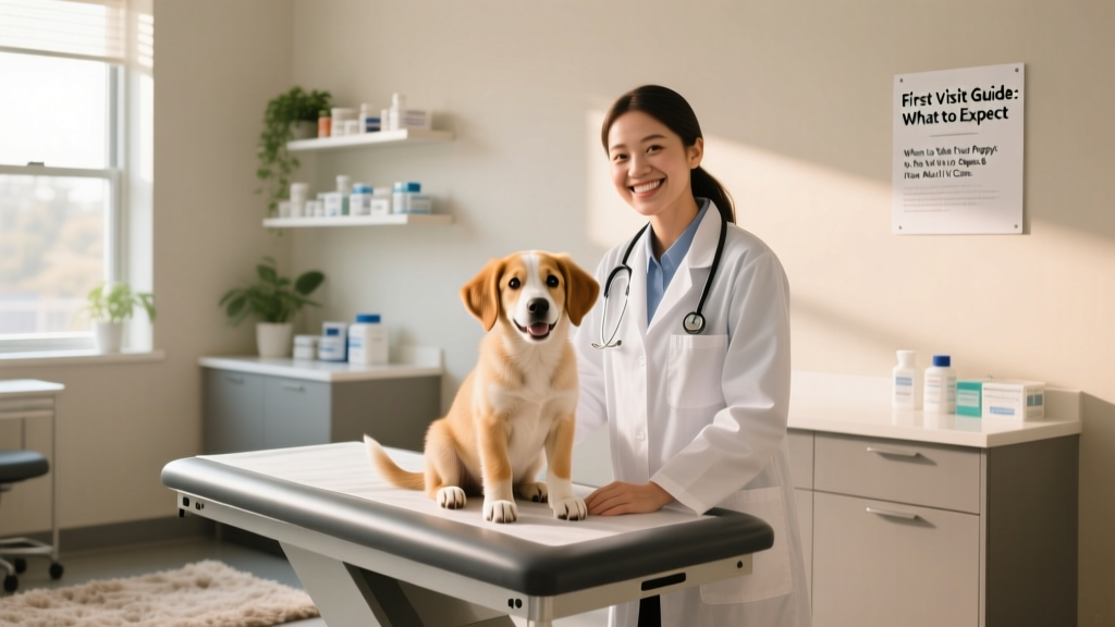 A friendly veterinarian smiling beside a happy, tail-wagging puppy seated calmly on an exam table with a clean, modern clinic background
