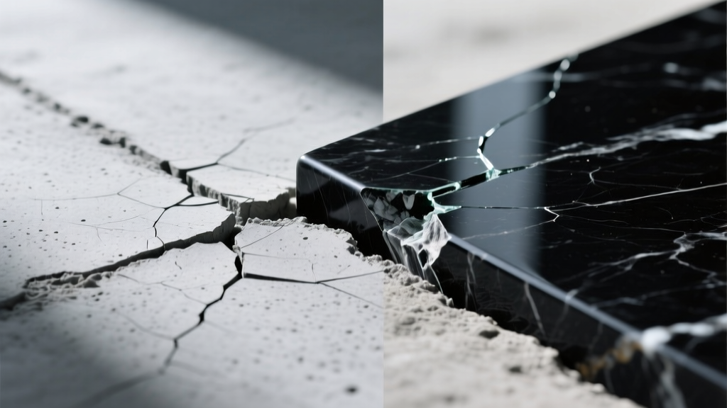 Macro split-view of a hairline crack in sealed gray concrete next to a chipped edge on polished black granite slab