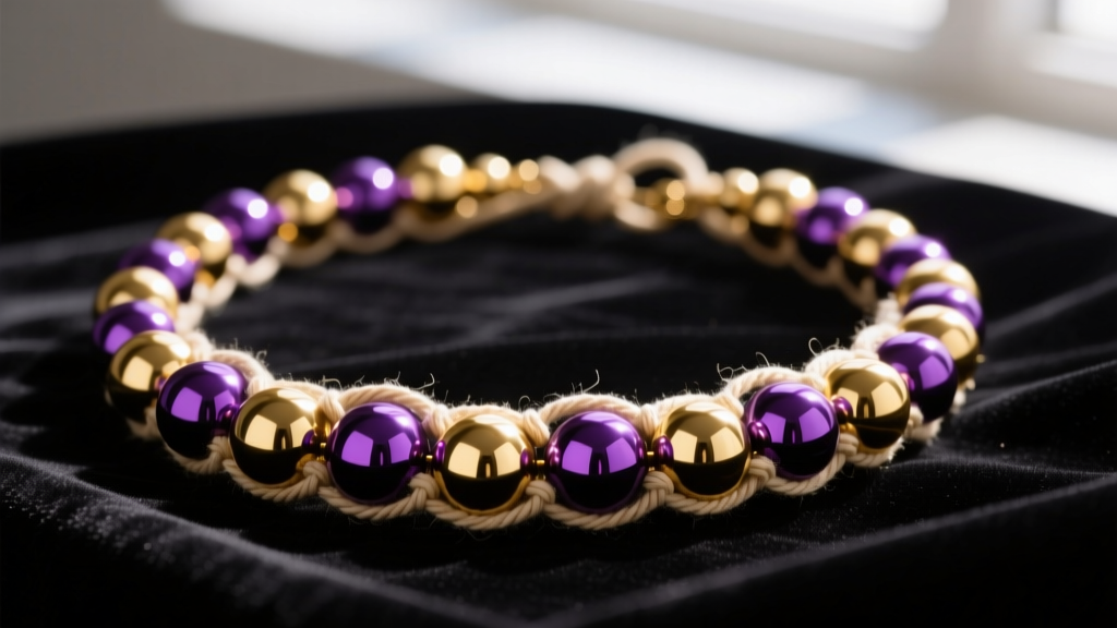 Macro shot of gold and purple Mardi Gras bead necklaces on velvet, showing vacuum-metallized finish and cotton stringing knots