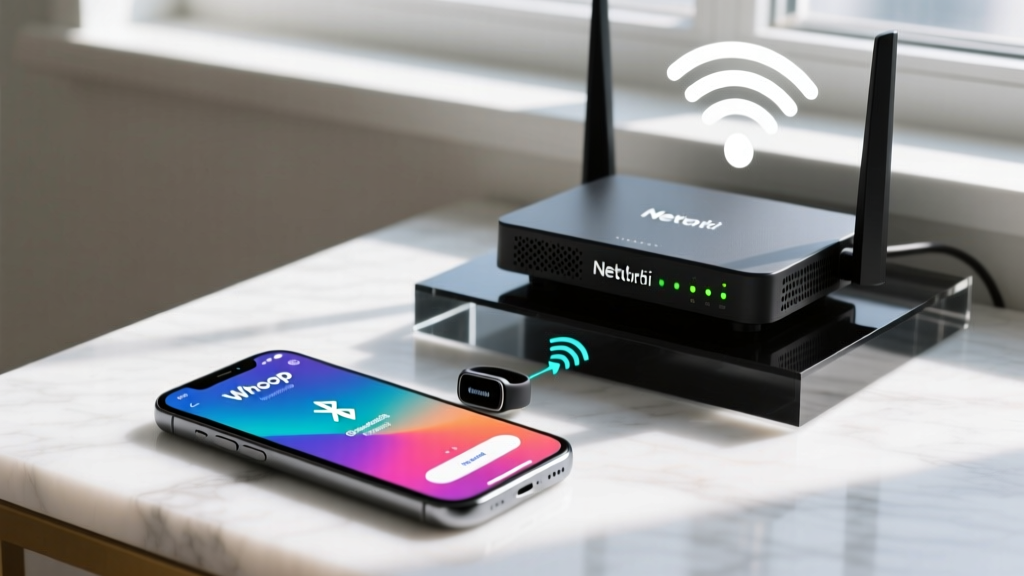 Smartphone running the Whoop app syncing directly via Bluetooth versus attempting a Wi-Fi sync through a Netgear Orbi mesh router base.