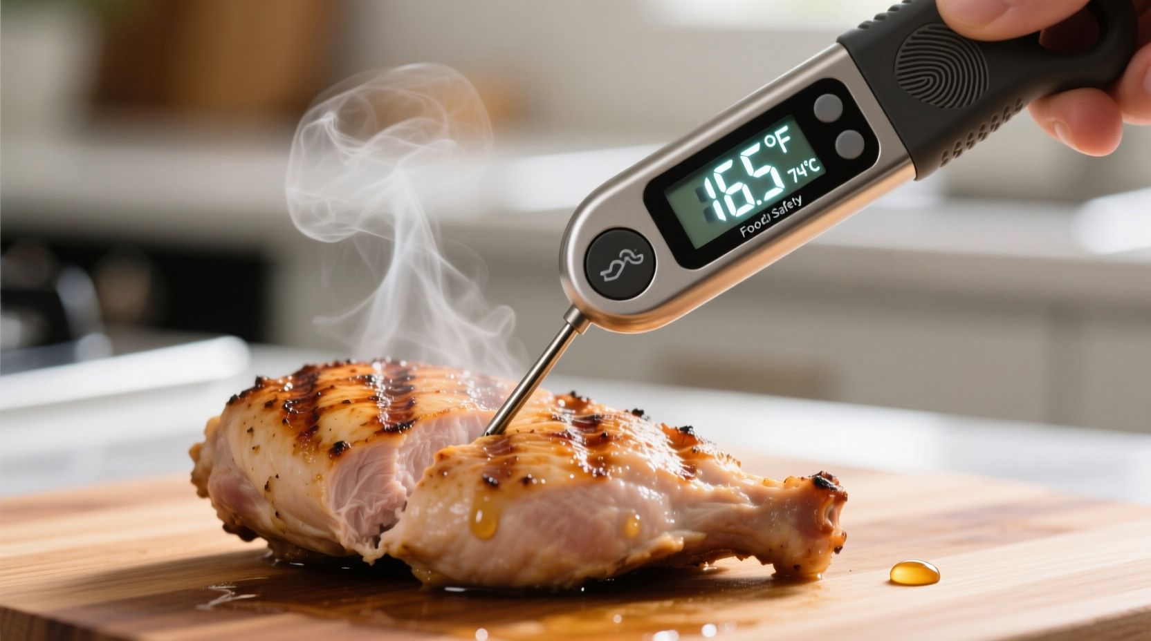Food safety thermometer checking cooked meat temperature