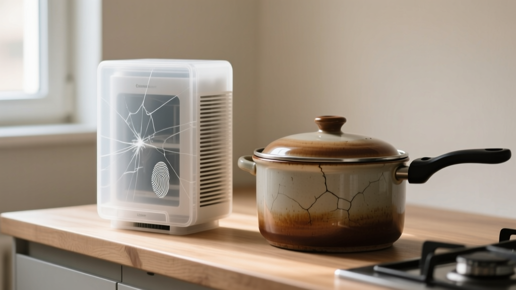 Scratched polycarbonate air purifier casing and worn ceramic pressure cooker pot sitting on a small apartment kitchen counter