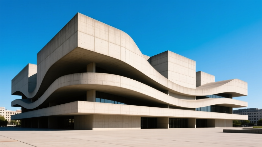 Striking brutalist concrete facade with sweeping curved abstract architectural lines contrasting against a clear blue sky in an urban plaza